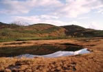湖沼に写る冠雪した旭岳と初秋の沼の平湿原（10月）