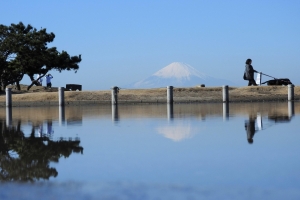 水たまりに写る逆さ富士。散歩に訪れる方も多く、憩いの場になっている富津岬