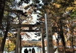 赤城神社への鳥居の向こうは、大沼湖畔を通る参道が続きます